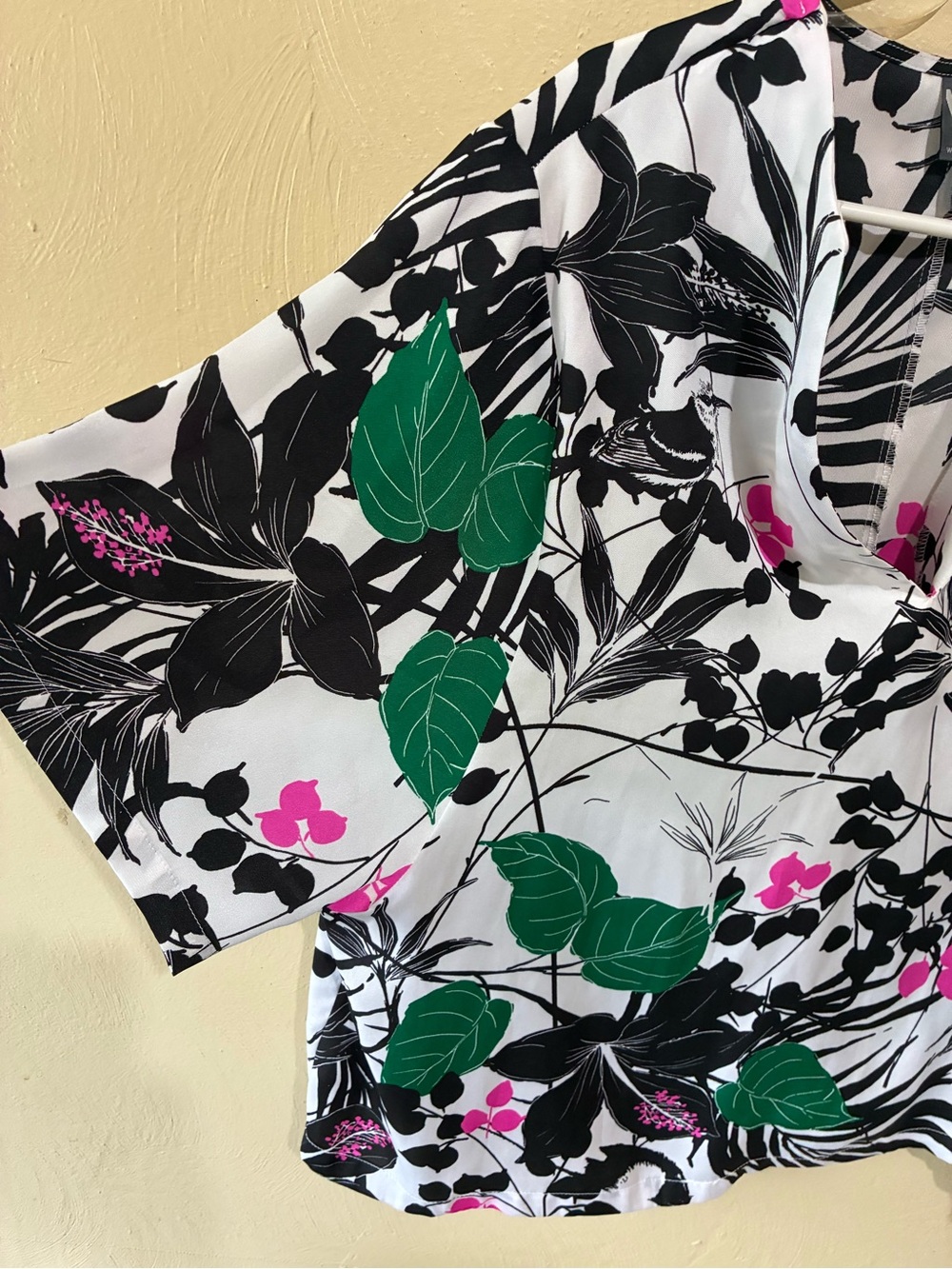 Worthington White Botanical Print Draped Neck Blouse with Green & Pink Accents - Picture 8 of 8